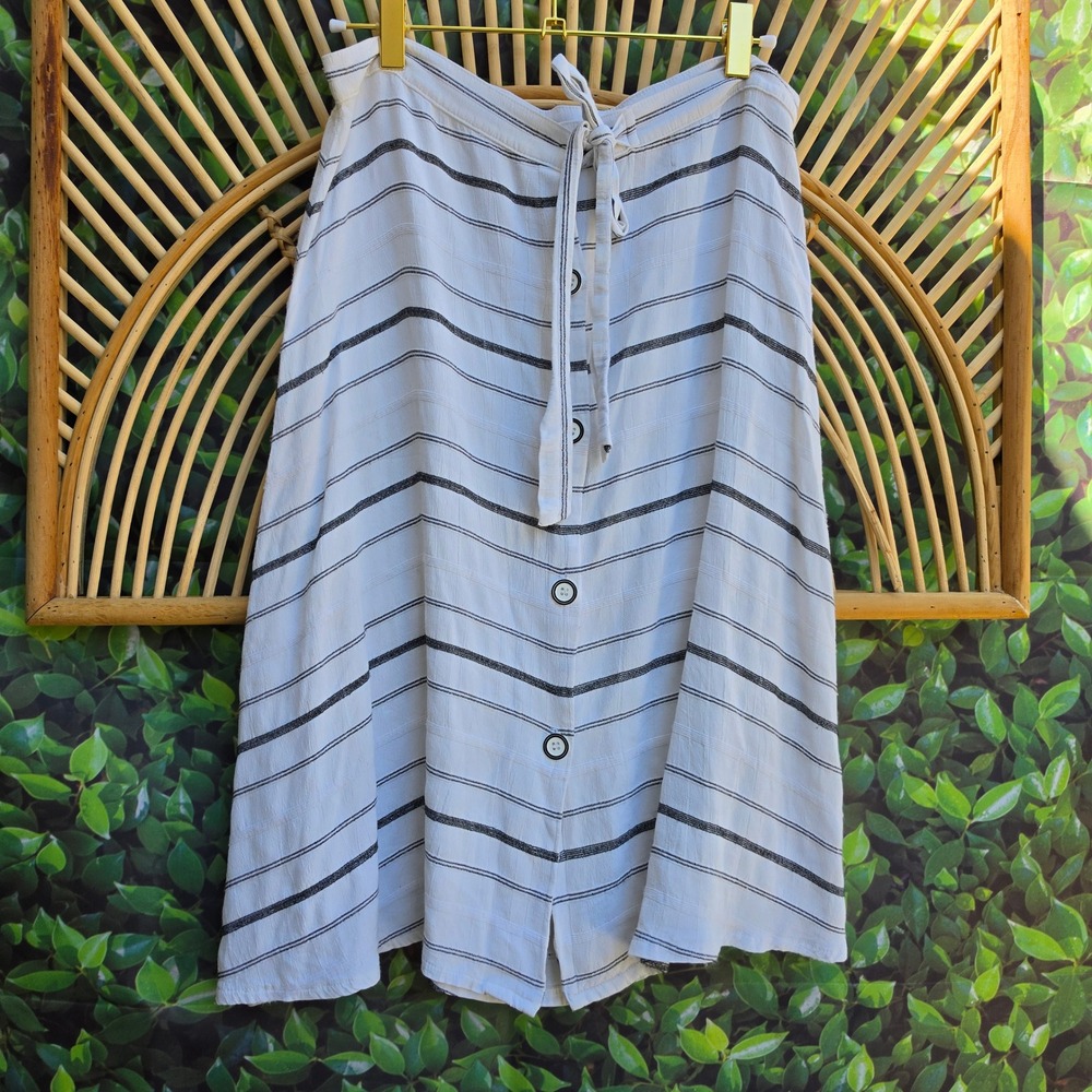 Cameo Women White Black Striped Button Front Tie Waist Rayon Midi Skirt Small